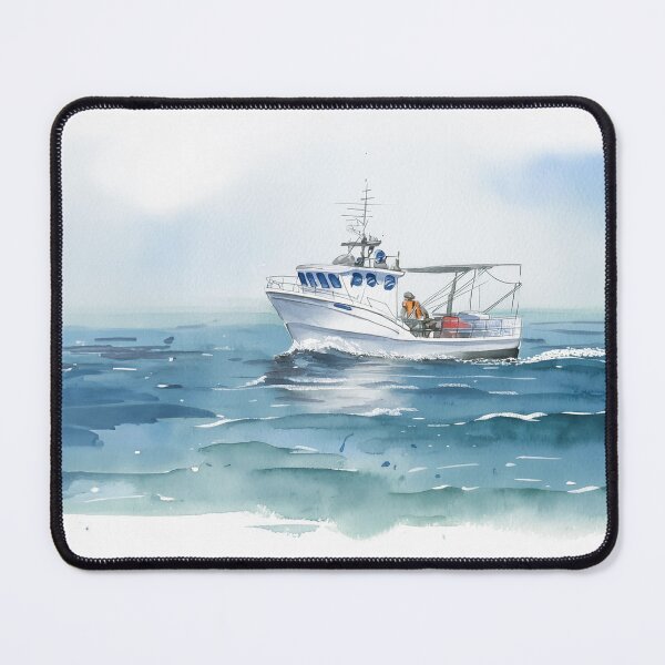 Item preview, A serene watercolor scene depicts a boat braving the waves, with two figures aboard amidst a cloudy backdrop designed and sold by homydesign.