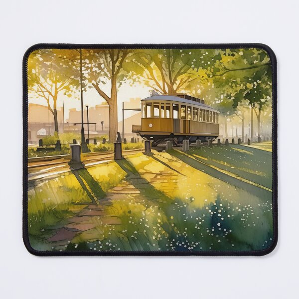 Item preview, A tranquil park scene with a vintage tram and lush greenery bathed in the warm glow of a setting sun designed and sold by homydesign.