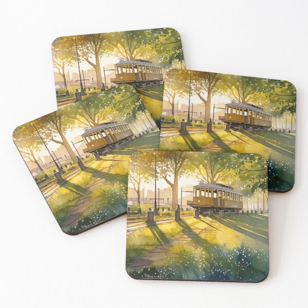 Item preview, A tranquil park scene with a vintage tram and lush greenery bathed in the warm glow of a setting sun designed and sold by homydesign.