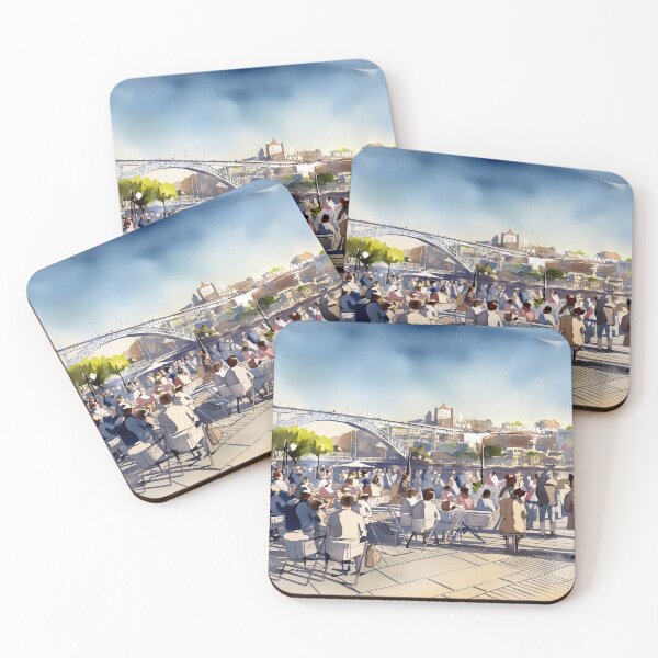 Item preview, Vibrant scene at an outdoor café with people socializing, a bridge, and buildings under a blue sky designed and sold by homydesign.
