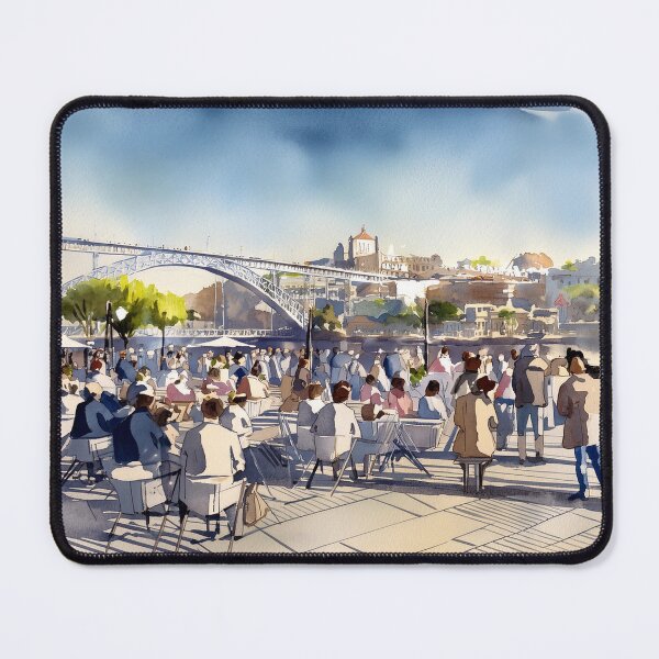 Item preview, Vibrant scene at an outdoor café with people socializing, a bridge, and buildings under a blue sky designed and sold by homydesign.
