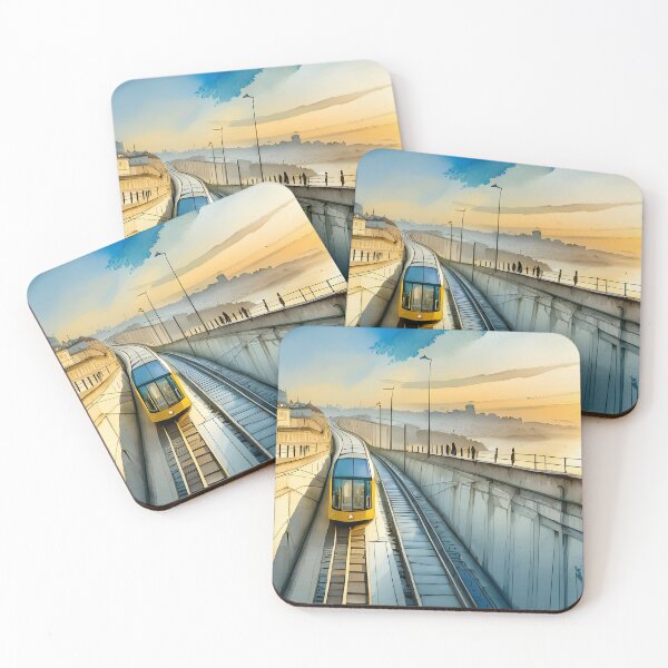Item preview, Scene of a tram crossing a bridge at dusk, with silhouetted figures and a cityscape under a painted sky designed and sold by homydesign.
