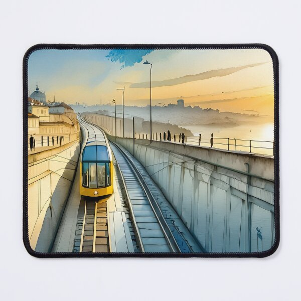 Item preview, Scene of a tram crossing a bridge at dusk, with silhouetted figures and a cityscape under a painted sky designed and sold by homydesign.