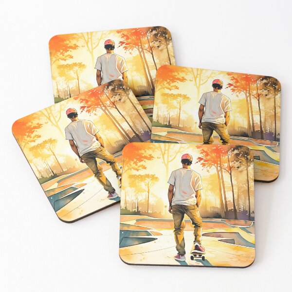 Item preview, Skater in a vibrant skatepark performs tricks, observed by another. Autumn trees add a colorful backdrop designed and sold by homydesign.
