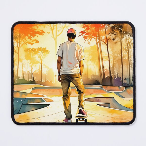 Item preview, Skater in a vibrant skatepark performs tricks, observed by another. Autumn trees add a colorful backdrop designed and sold by homydesign.