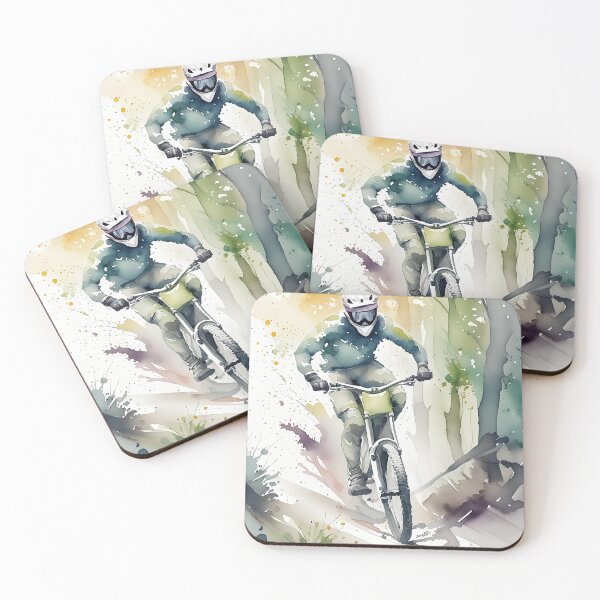 Item preview, Cyclist in protective gear rides downhill amidst nature, captured in a watercolor style painting designed and sold by homydesign.