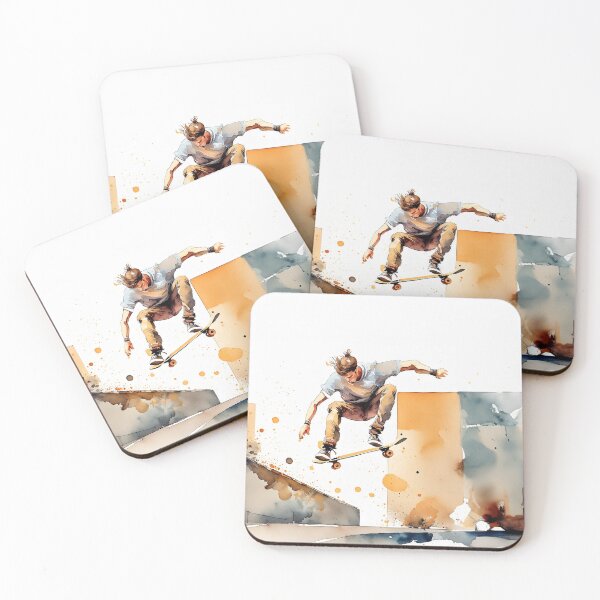 Item preview, Skater mid-air against a vibrant cityscape, depicted in dynamic watercolor strokes designed and sold by homydesign.