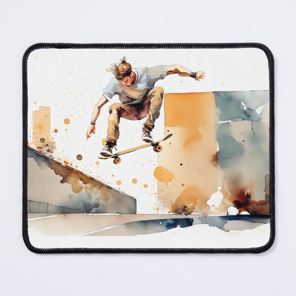 Item preview, Skater mid-air against a vibrant cityscape, depicted in dynamic watercolor strokes designed and sold by homydesign.