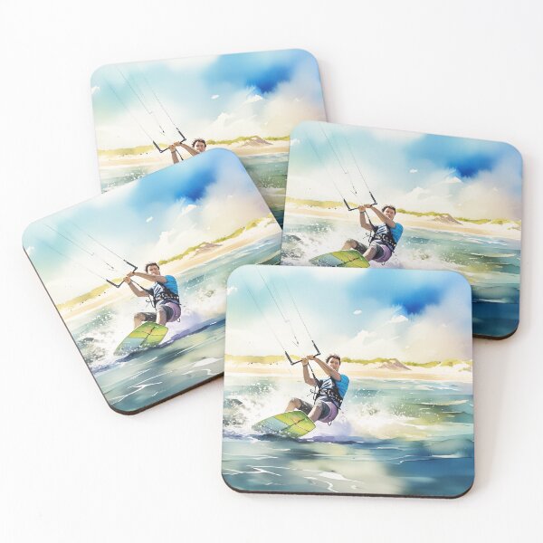 Item preview, A vibrant kite surfer glides on blue waves, under a sunny sky with a beach backdrop designed and sold by homydesign.