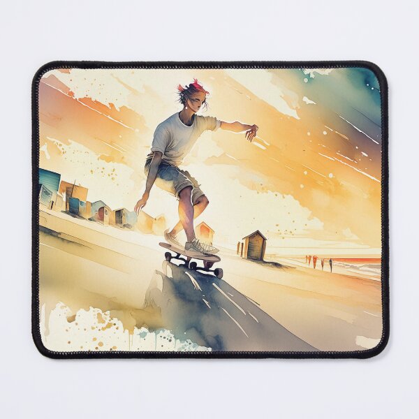 Item preview, Skater glides by the beach, with vivid huts and palms set against a painterly sky designed and sold by homydesign.