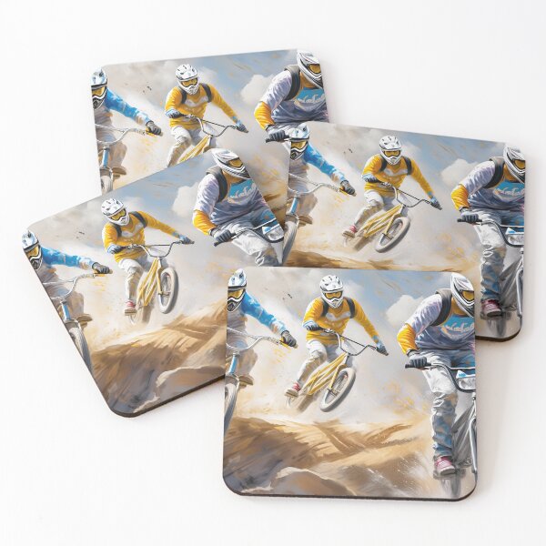 Item preview, BMX riders in action, soaring off a dirt ramp under a cloudy sky, showcasing skill and speed. Generative Ai. designed and sold by homydesign.