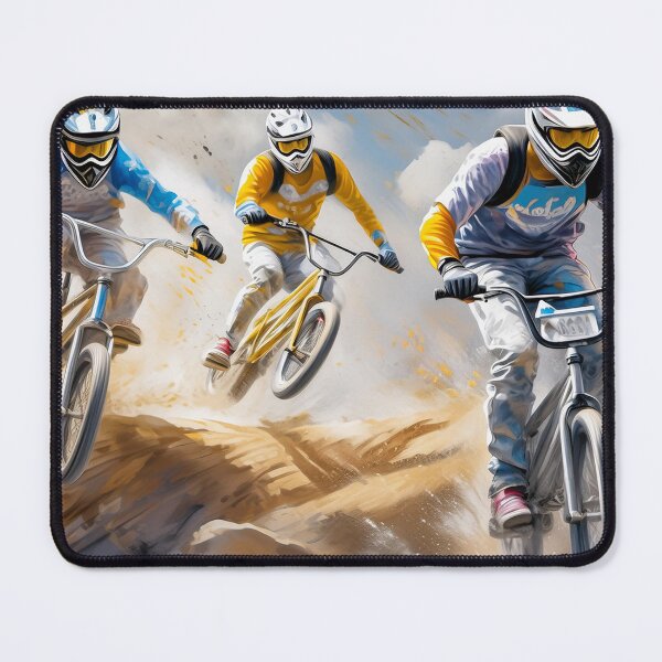 Item preview, BMX riders in action, soaring off a dirt ramp under a cloudy sky, showcasing skill and speed. Generative Ai. designed and sold by homydesign.