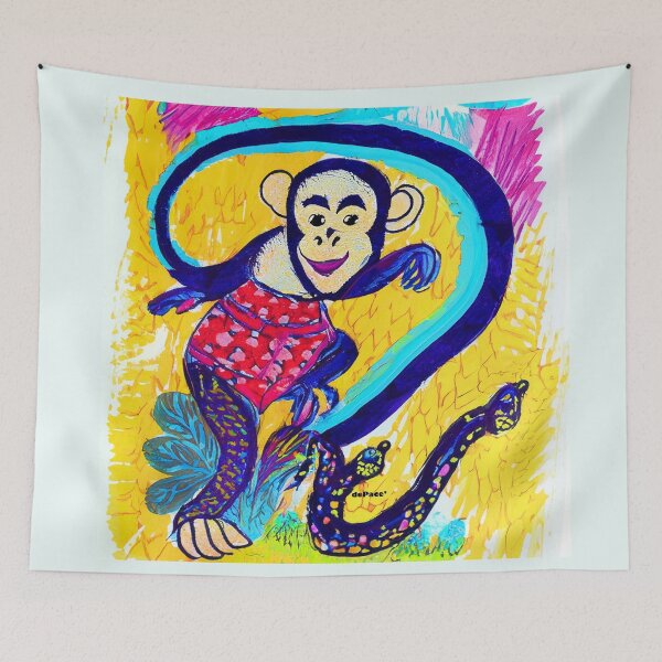 Item preview, art drawing of monkey playing with snake in folk art style - dePace' designed and sold by mrpropcake.
