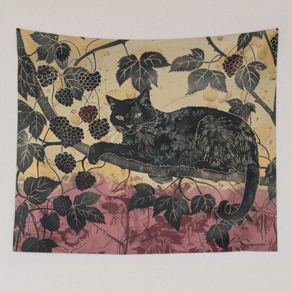 Item preview, Blackberry Bush Cat Block Print designed and sold by wyntera.