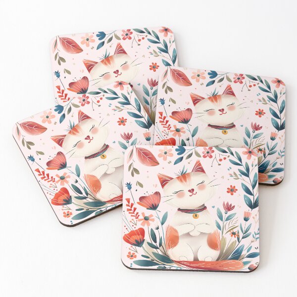 Item preview, Happy White cat surrounded by colorful flowers peacefully designed and sold by mando24895.