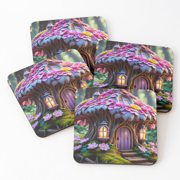 Item preview, Pink and purple flower fairy house in the forest designed and sold by DreamlifeBackgrounds.