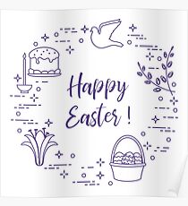 Easter cake, willow, lily,candle,dove,basket,eggs. Poster