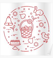Easter. Simnel cake, basket, eggs, bell, chick. Poster
