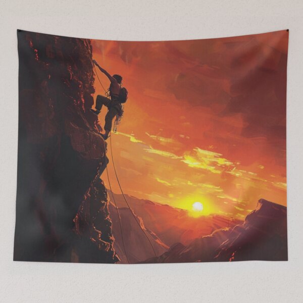 Item preview, Climber ascending rocky cliff dramatic sunset Active Outdoors Inspired Art designed and sold by CDC40.