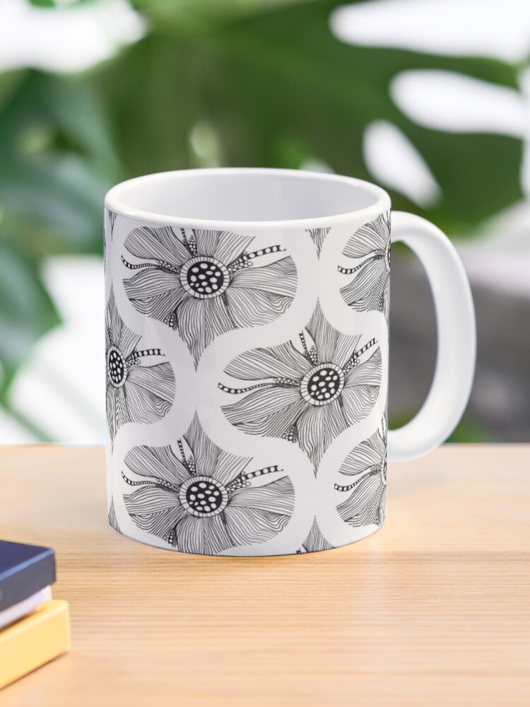 Coffee Mug, Monochrome Topography Flower Tangle Retro Ogee designed and sold by Triplicate Limited