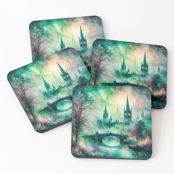 Item preview, Mystic London, greenish lights, with an  iconic scene of the Big Ben, the British Parliament building and the river Thames, foggy as a classic England scene should be foggy designed and sold by Coolparrotgirl.