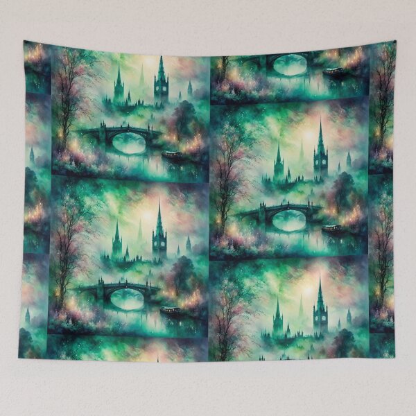 Item preview, Mystic London, greenish lights, with an  iconic scene of the Big Ben, the British Parliament building and the river Thames, foggy as a classic England scene should be foggy designed and sold by Coolparrotgirl.