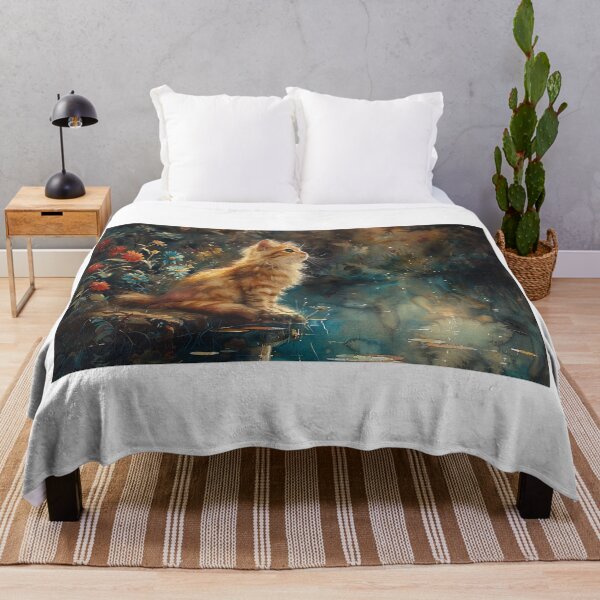 Item preview, Watercolor Masterpiece of a Content Cat Basking in the Sun Near a Beautiful Blue-Green Lotus Pond designed and sold by Shirtastically.