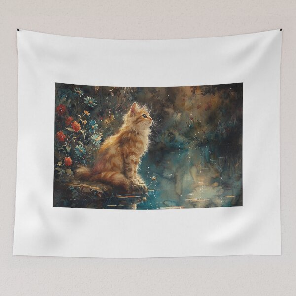 Item preview, Watercolor Masterpiece of a Content Cat Basking in the Sun Near a Beautiful Blue-Green Lotus Pond designed and sold by Shirtastically.