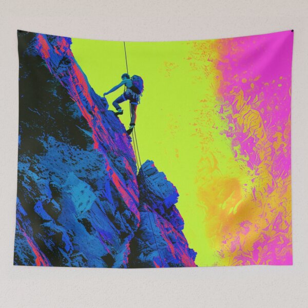 Item preview, Climber scaling ascending rocky cliff neon colour palette Active Outdoors Inspired Art designed and sold by CDC40.