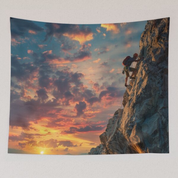 Item preview, Climber ascending rocky cliff vibrant sunset Active Outdoors Inspired Art designed and sold by CDC40.