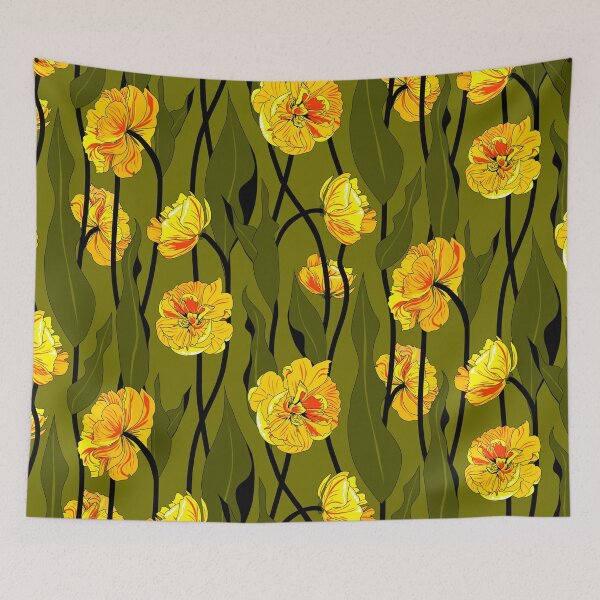 Item preview, double tulip vines - orange on olive green foliage designed and sold by kobyakov.