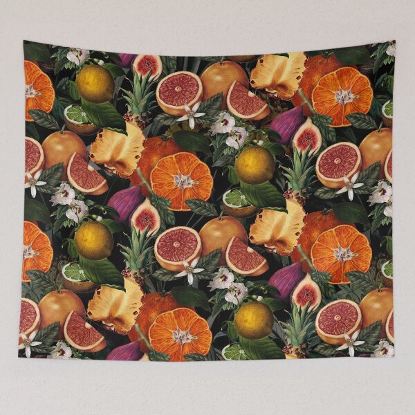 Item preview, Trendy blooming citrus pineapples fruits pattern, orange botanical illustration, black orange floral illustration    designed and sold by ZeinabTaha.