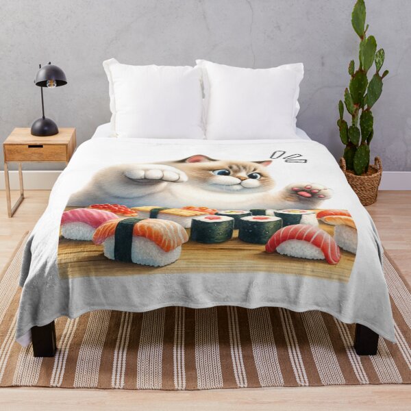 Item preview, Chubby cat playfully interacting with sushi on a table designed and sold by chanyawee.