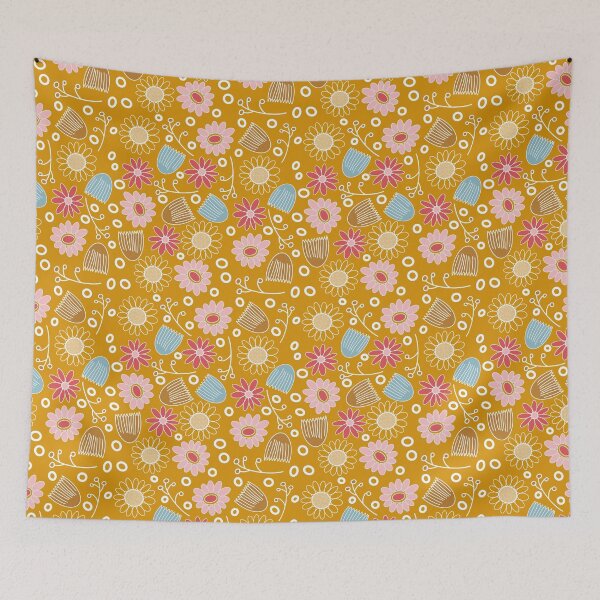 Item preview, Abstract floral pattern on mustard yellow designed and sold by Ninaeva.