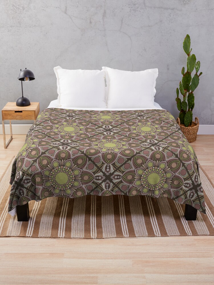 Throw Blanket, Warm Neutrals Pistachio Biscotti Dot Mandala Diamond Tile designed and sold by Triplicate Limited