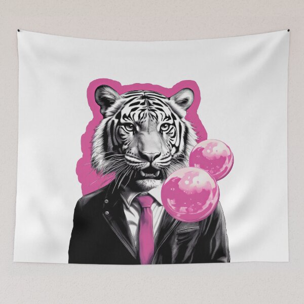 Item preview, Tiger in suit blowing pink bubble gum designed and sold by MagicColorPrint.