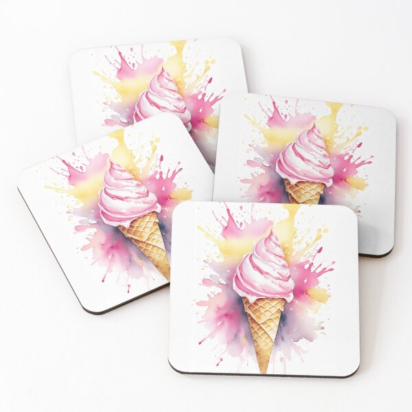 Item preview, Vibrant watercolor painting of a pink and white swirled ice cream cone, surrounded by colorful splashes of paint designed and sold by homydesign.