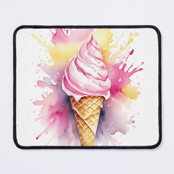 Item preview, Vibrant watercolor painting of a pink and white swirled ice cream cone, surrounded by colorful splashes of paint designed and sold by homydesign.