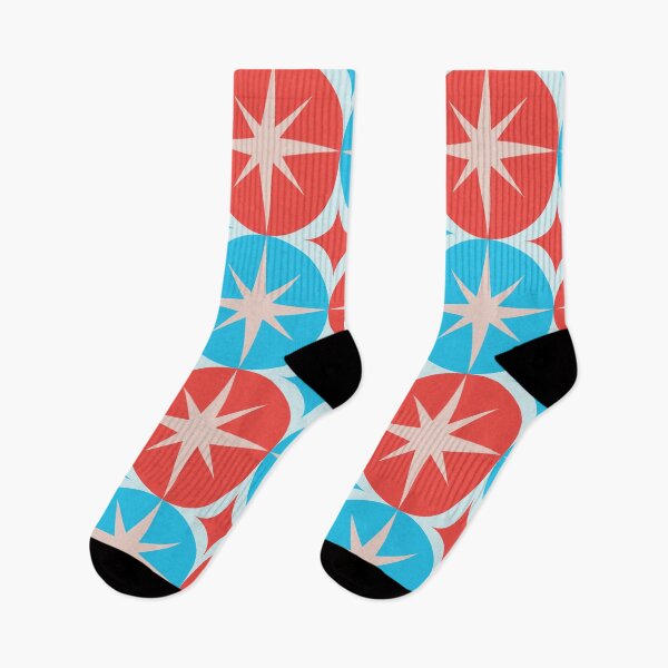 Item preview,  Mid Century White Atomic Starbursts On Red  and Blue  Circles designed and sold by Yasminepatterns .