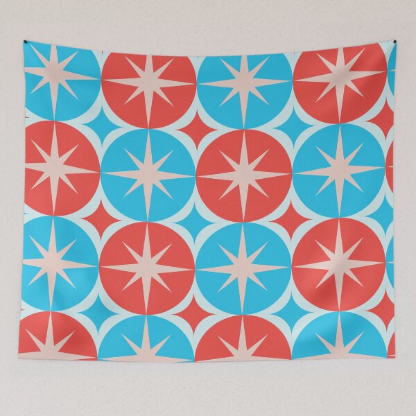 Item preview,  Mid Century White Atomic Starbursts On Red  and Blue  Circles designed and sold by Yasminepatterns .