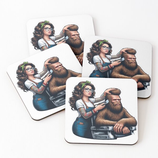 Item preview, Bigfoot getting a hair cut by a female hair stylist with tattoos designed and sold by BrinaandPops.