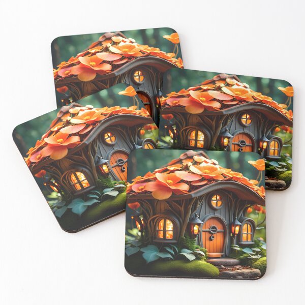 Item preview, Orange flower fairy house in the forest designed and sold by DreamlifeBackgrounds.