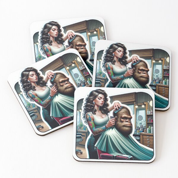 Item preview, Bigfoot getting a haircut by a female hair stylist with tattoos designed and sold by BrinaandPops.