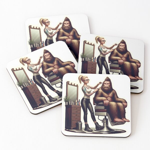 Item preview, Bigfoot getting a haircut by a female hair stylist with tattoos designed and sold by BrinaandPops.