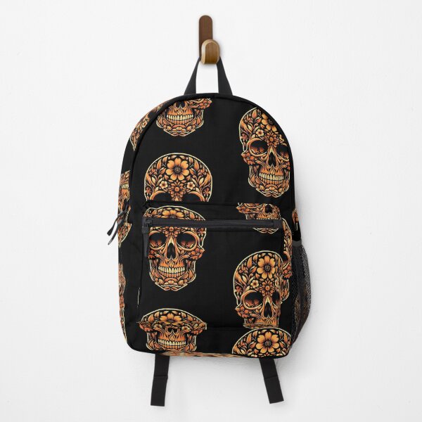 Item preview, Skeleton Skull with Flowers Orange Floral Black Sugar Skull designed and sold by ArtFromBeyond.