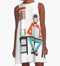 Man sitting at table and working on laptop. A-Line Dress