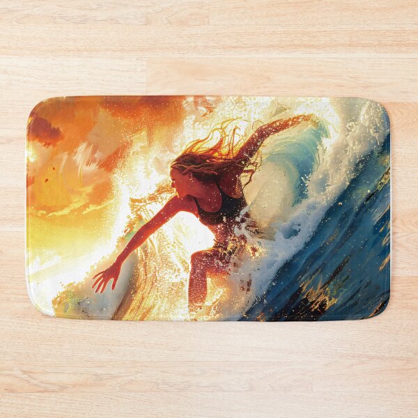 Item preview, A dynamic female surfer challenging the waves. Oil painting art style.  designed and sold by hojeong-art.