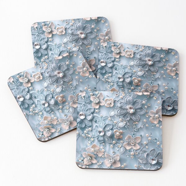 Item preview, Blue flannel texture, embroidered flowers, pearls and diamonds designed and sold by Fantasyplus.