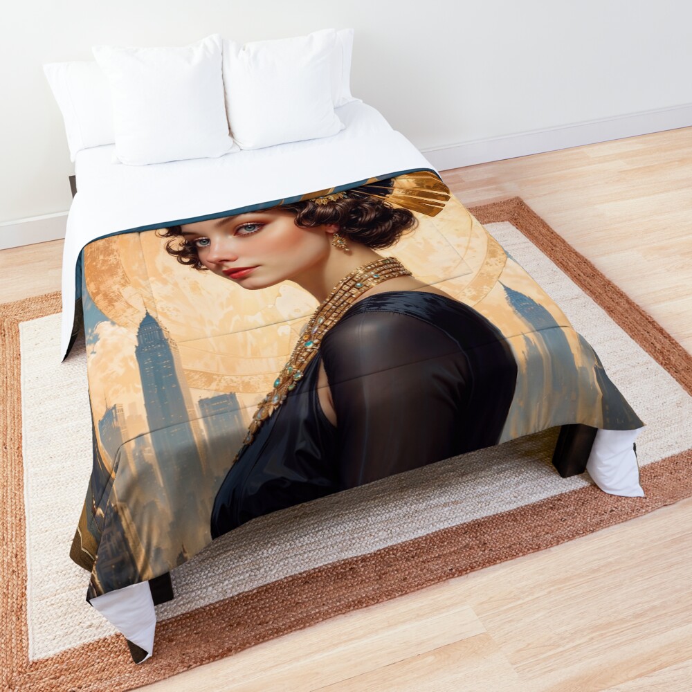 An Art Deco Beauty By A Golden Disc AI Concept Art by Xzendor7 3 An Art Deco Beauty By A Golden Disc Enchanting AI Concept Art by Xzendor7 Decorative Comforter
