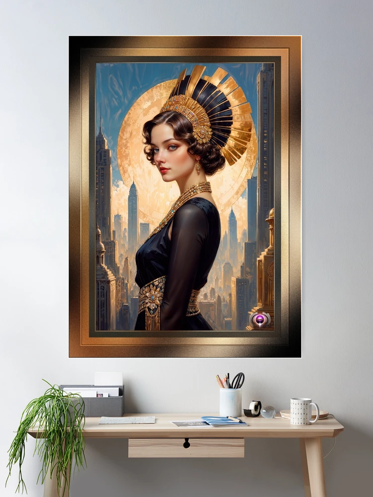 An Art Deco Beauty By A Golden Disc AI Concept Art by Xzendor7 2 An Art Deco Beauty By A Golden Disc Enchanting AI Concept Art by Xzendor7 Room Decor Poster Art Print